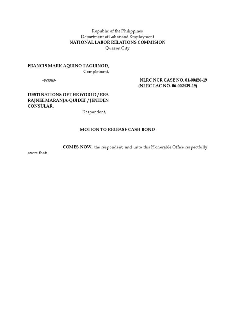 Motion To Release Cash Bond PDF