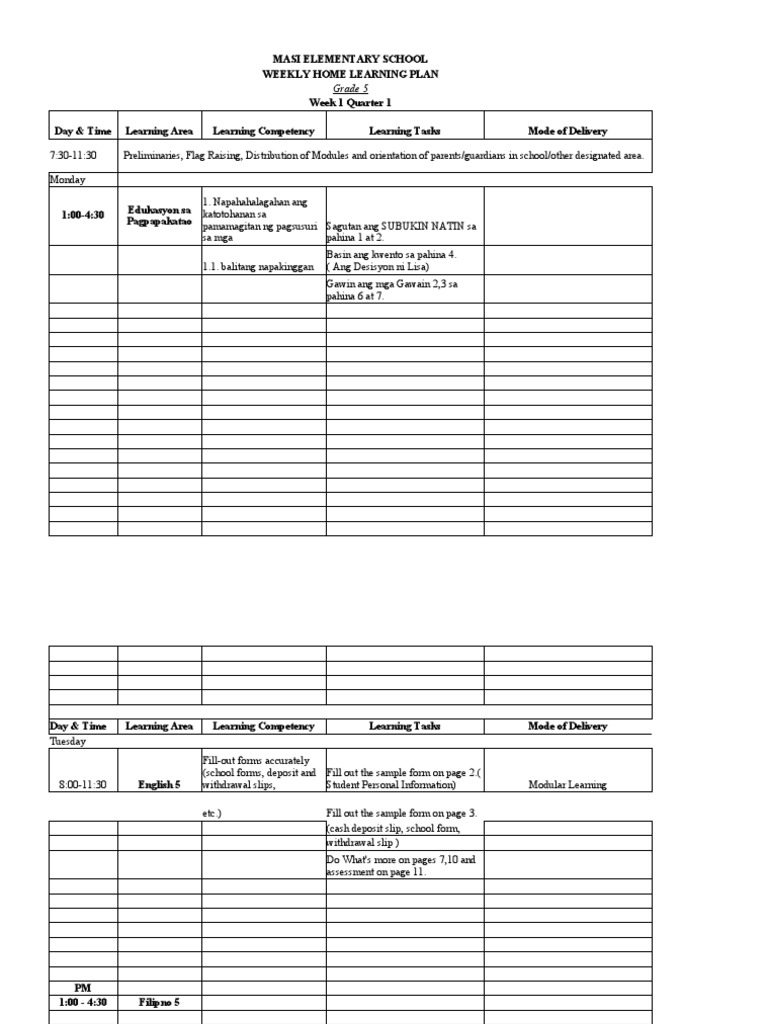 Grade 5 Weekly Home Learning Plan | PDF | Neuropsychological Assessment ...