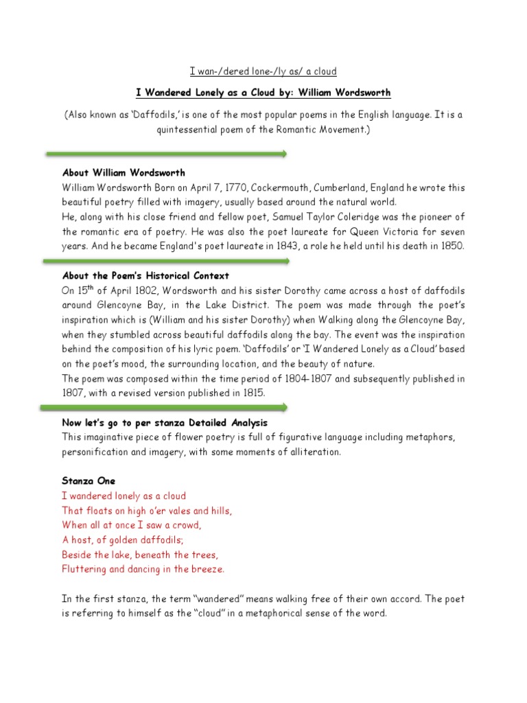 I Wandered Lonely As A Cloud By: William Wordsworth | PDF | Poetry