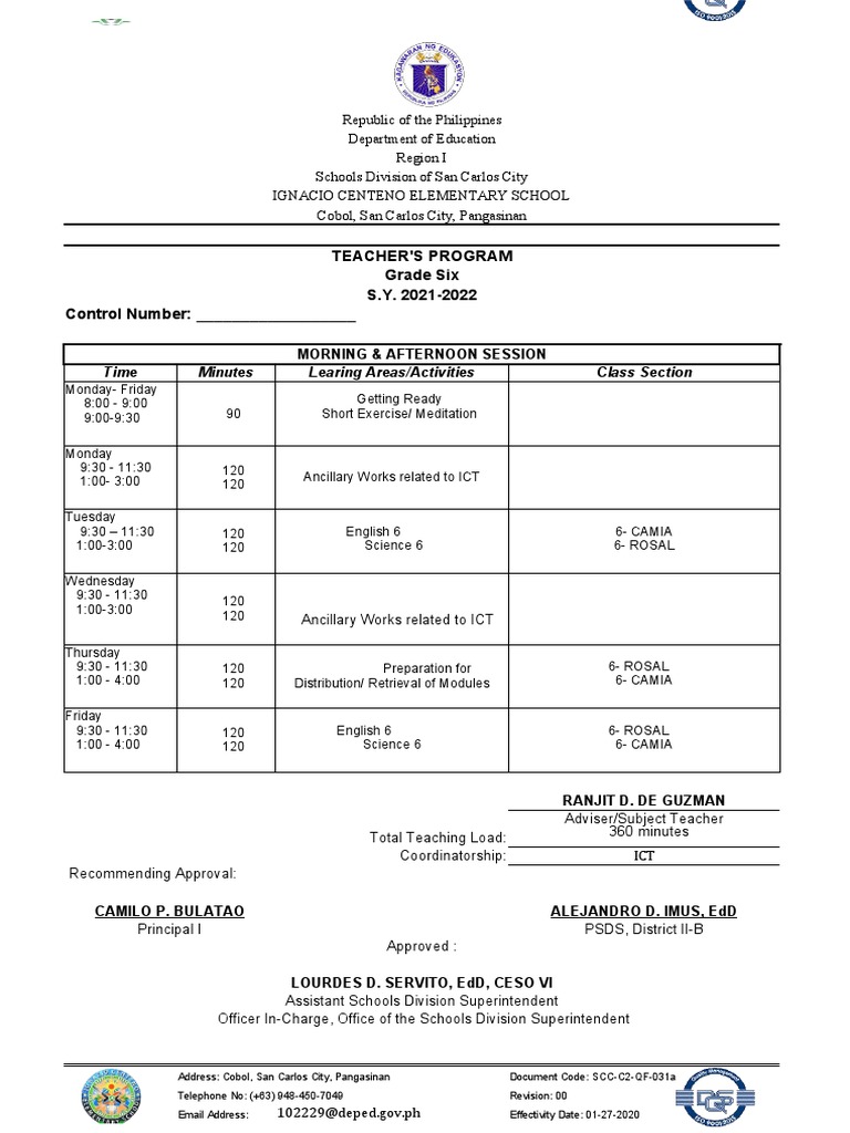 Grade 6 Teacher's Program 2021-2022 | PDF