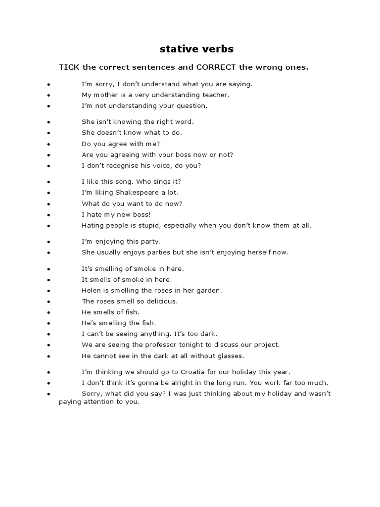 Correcting Stative Verb Sentences | PDF