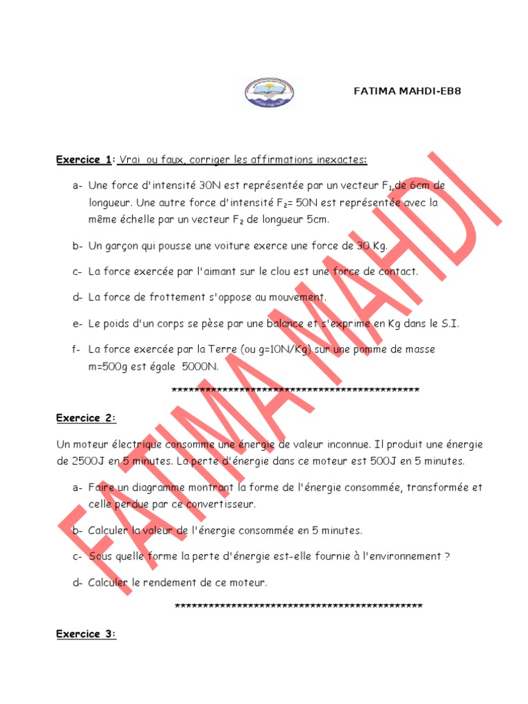 Exercices de Physique EB8 avec Corrigés | PDF | Poids | Obliger