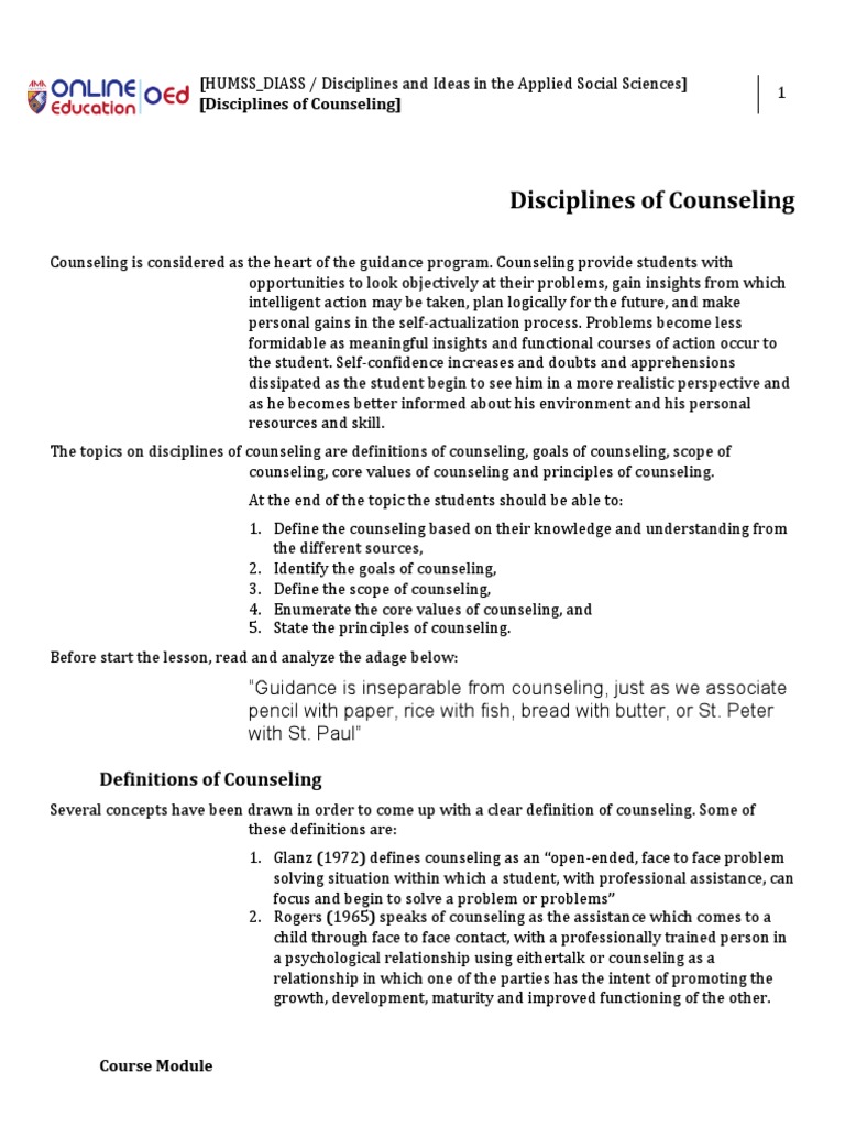 Counseling: Goals, Scope, and Values | PDF | Psychotherapy | Nonverbal ...