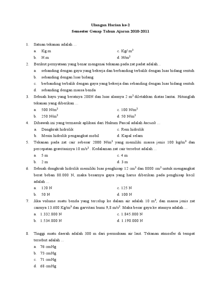 Soal Ulangan Tekanan Kelas Viii