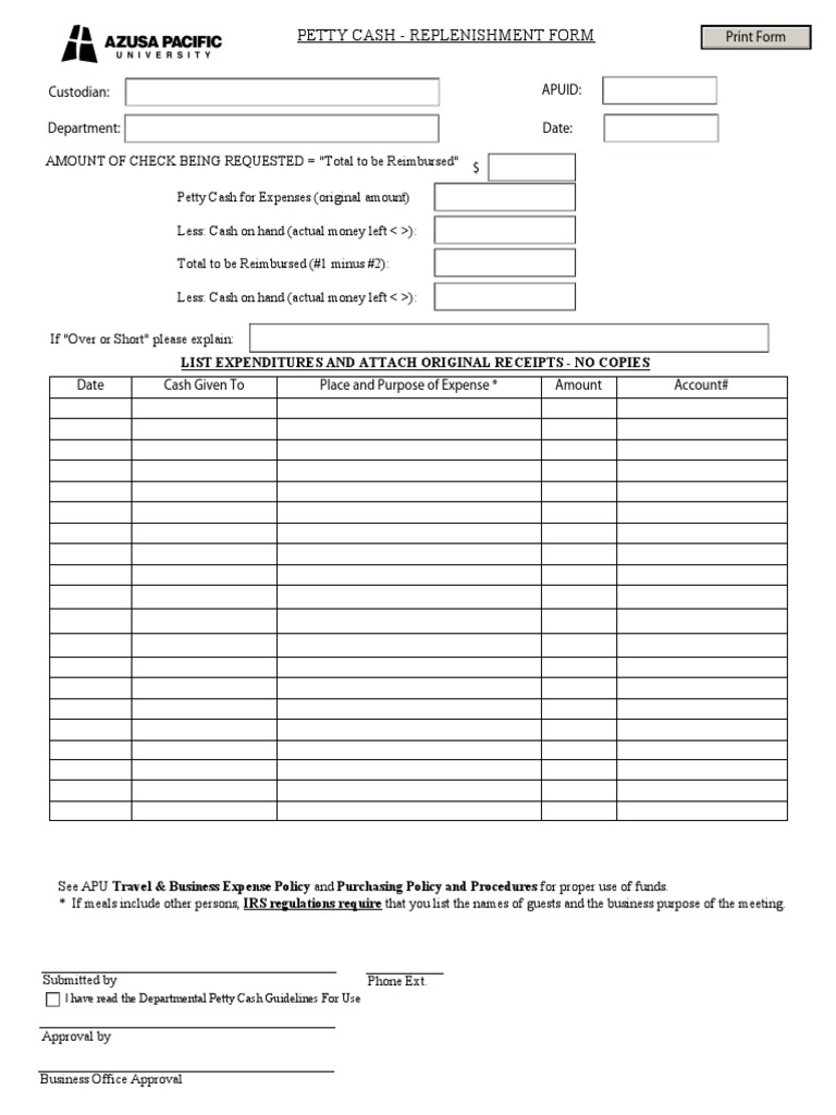 Petty Cash Replenishment Form Creating A Payment Request For Petty