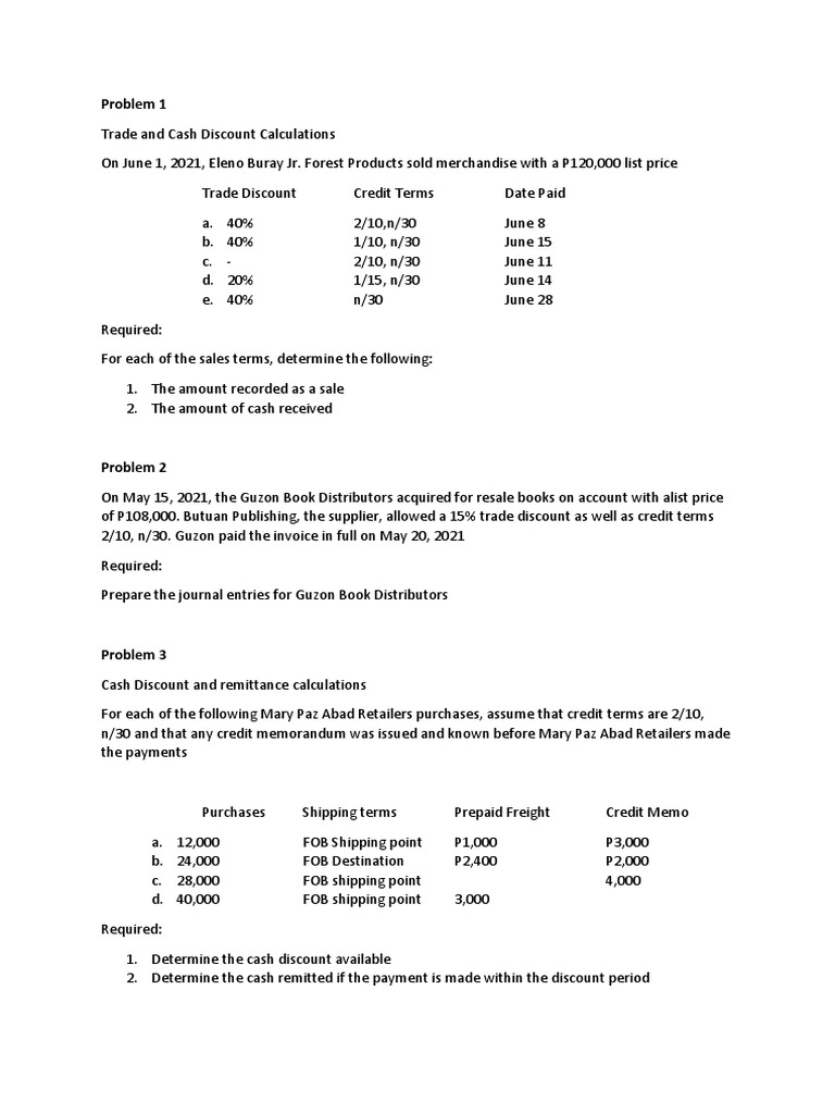 Trade and Cash Discount Calculations | PDF | Discounts And Allowances ...
