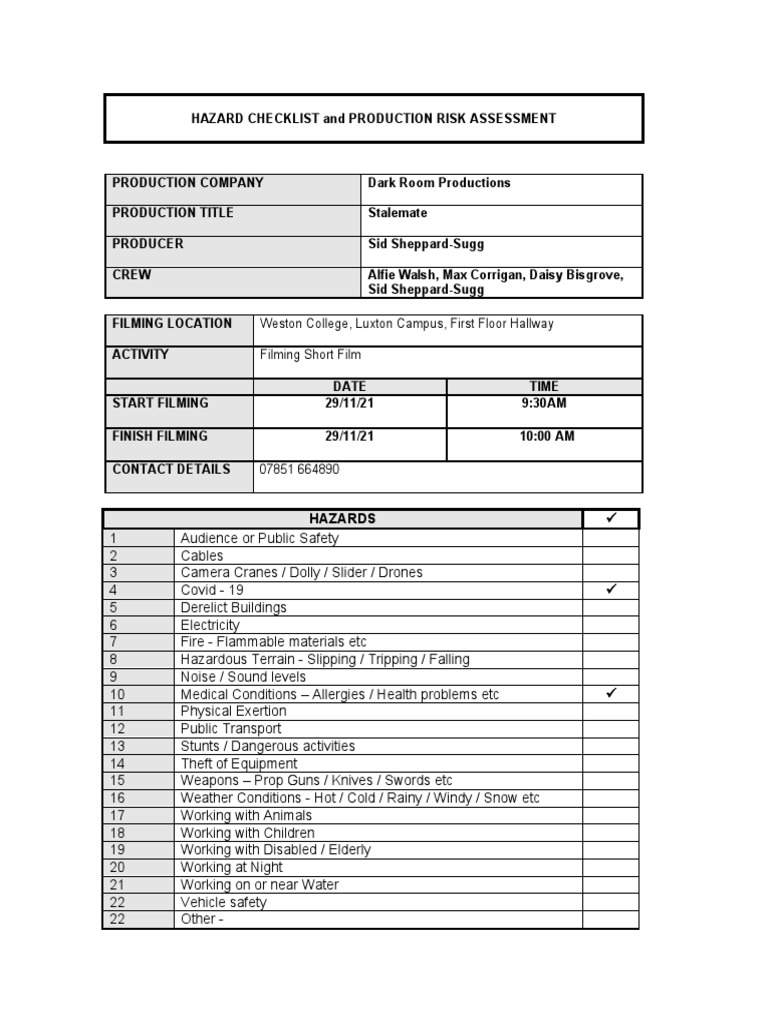 Film Production Risk Assessment Template | PDF | Risk | Risk Assessment