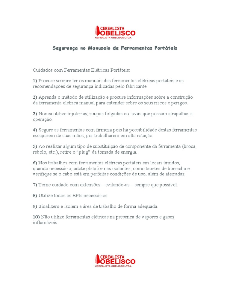 Segurança no Uso de Ferramentas Portáteis | PDF | Martelo | Parafuso