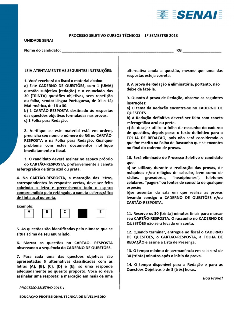 Prova do Processo Seletivo SENAI 2013.1 | PDF | Triângulo