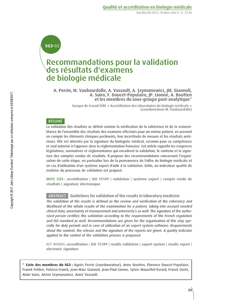 La Commission Médicale Vérifie Les Résultats Auprès Des Laboratoires SG3-02 Recommandations - Pour - La - Validation - Des - Resultats -  Dexamens - de - Biologie - Medicale | PDF | Laboratoire de biologie médicale  | Pathologie clinique
