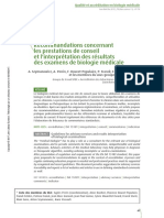 Recommandations Concernant Les Prestations de Conseil Et L'interprétation Des Résultats Des Examens de Biologie Médicale