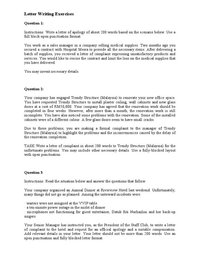 Letter Writing Questions PDF