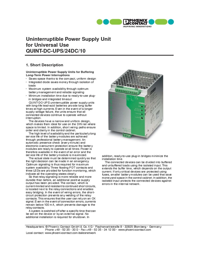 Uninterruptible Power Supply Unit For Universal Use QUINTDCUPS/24DC