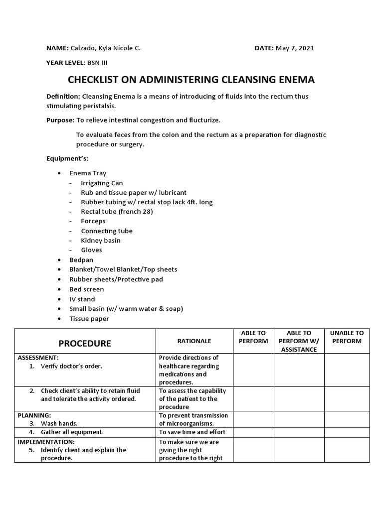 Checklist On Administering Cleansing Enema Procedure PDF Rectum