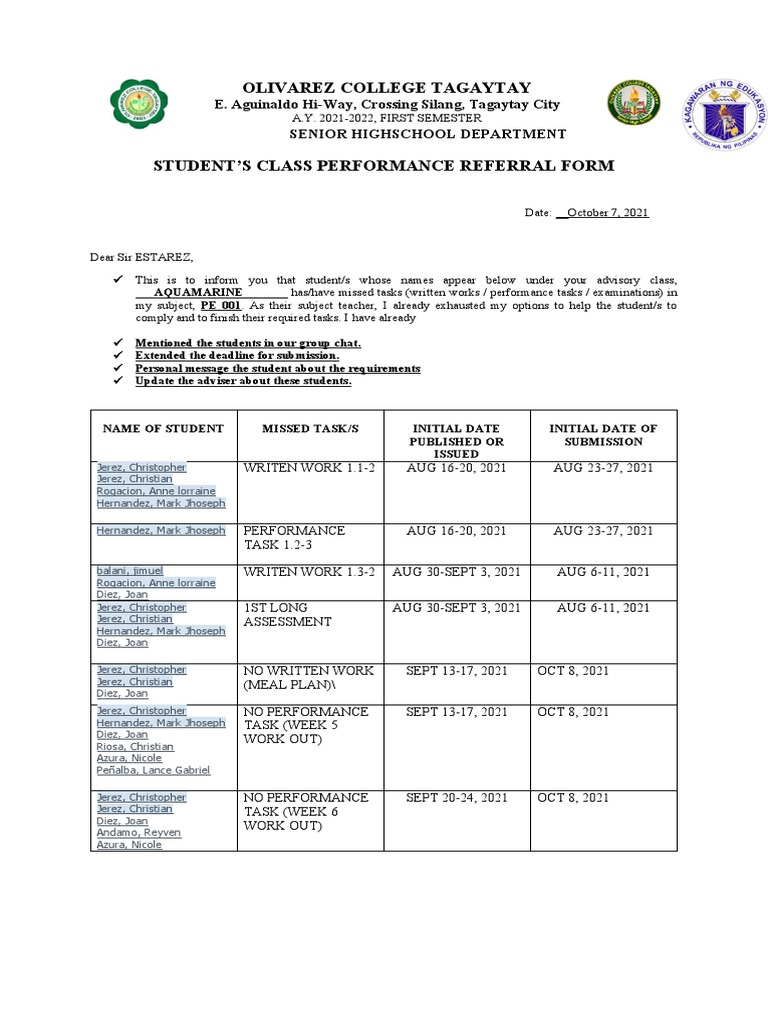 Student Performance Referral Form | PDF
