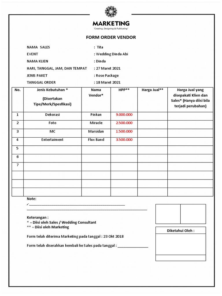 Form Order Vendor Wedding Dinda | PDF