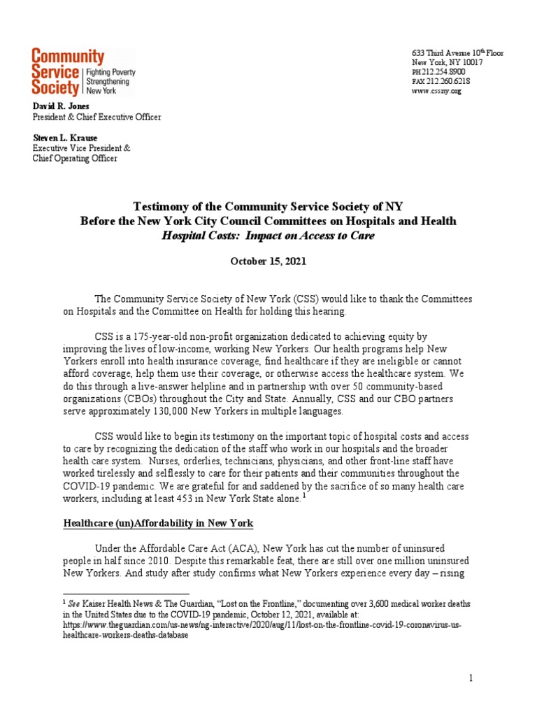 Testimony City Council Hearing On Hospital Costs and Access To Care