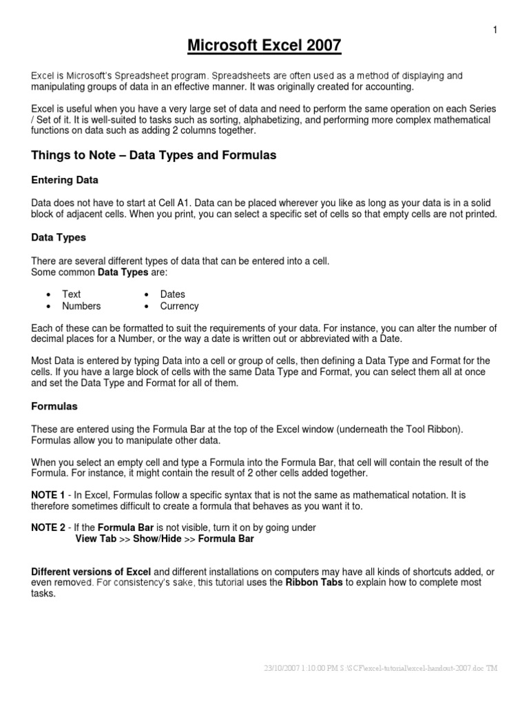 Microsoft Excel 2007: Things To Note - Data Types and Formulas | PDF ...