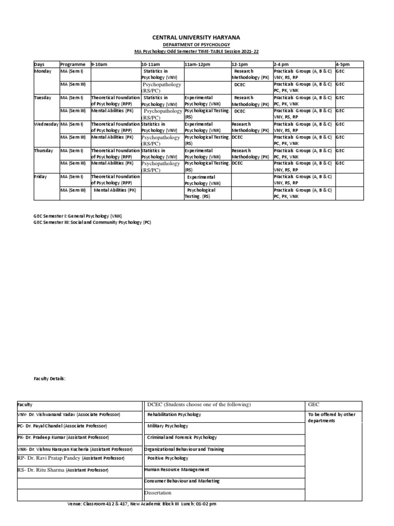 Timetable Odd Semester 2021 | PDF | Psychology | Applied Psychology