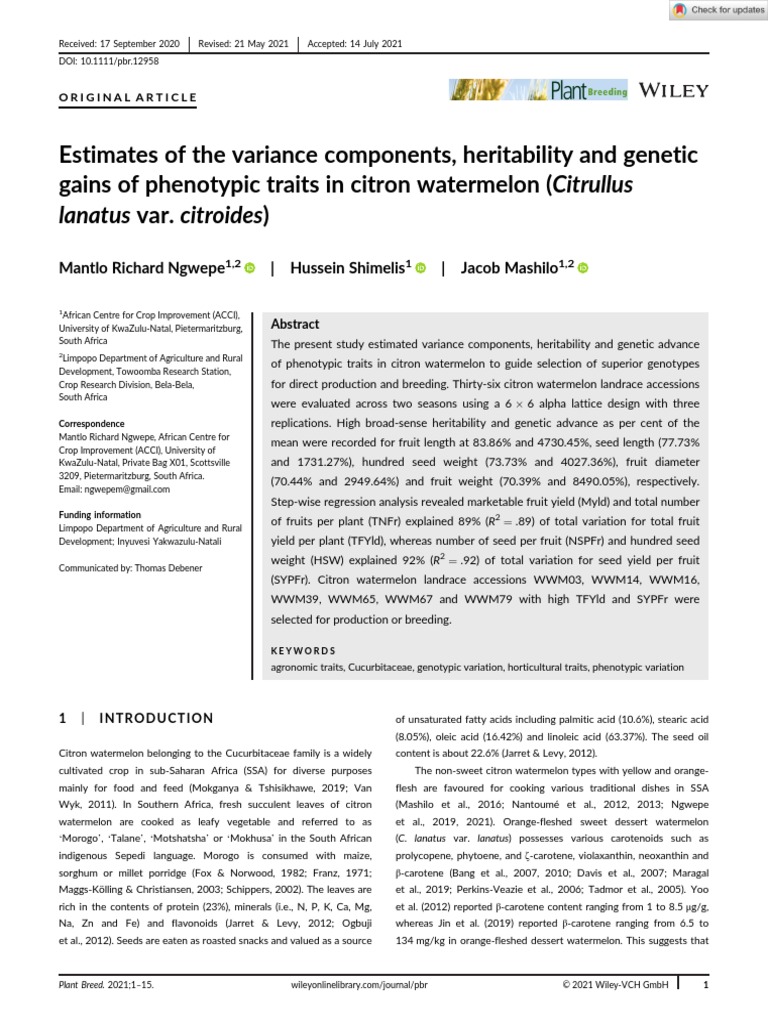 Estimates of The Variance Components, Heritability and Genetic Gains ...