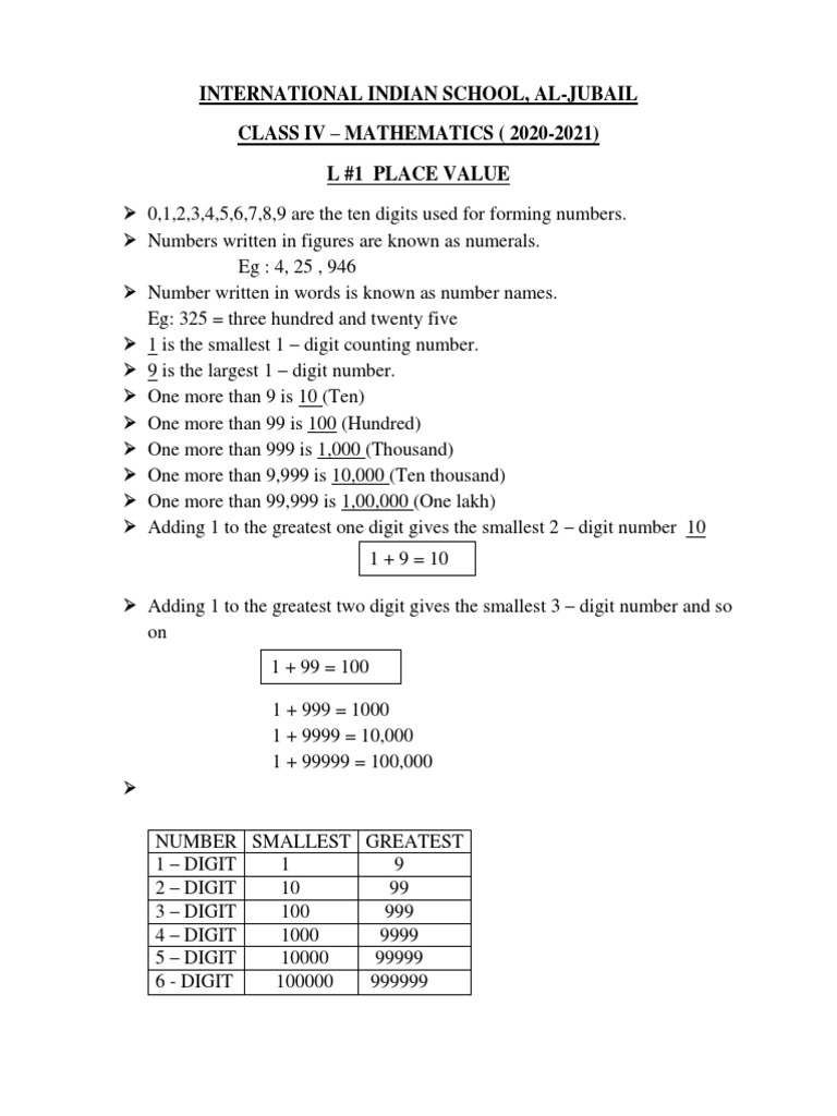 45202095220PM-Class 4 Maths Notes-Lesson 1 Place Value | PDF | Numbers ...
