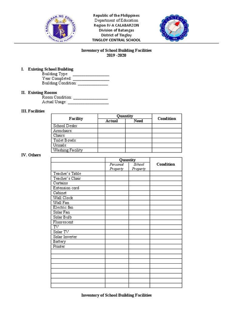 Inventory of School Building Facilities | PDF | Manufactured Goods ...