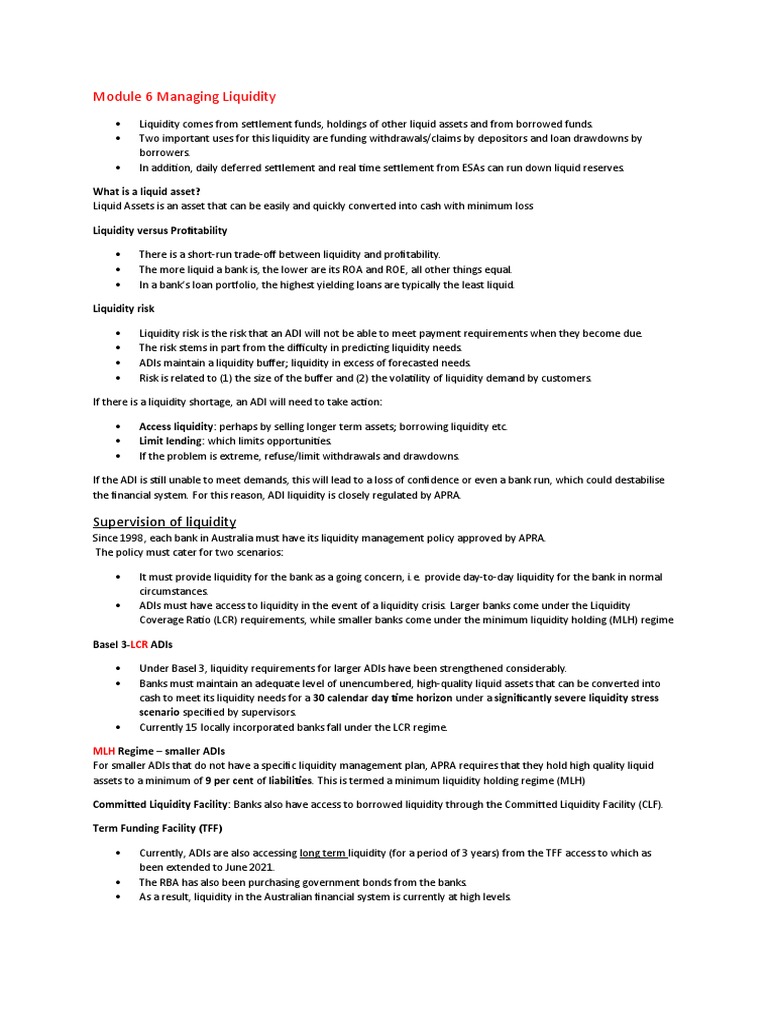 Module 6 Managing Liquidity PDF Market Liquidity Repurchase Agreement