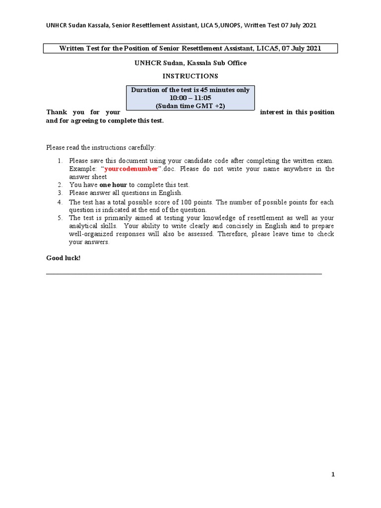 Written Test Associate Resettlement Officer Case Identfication 