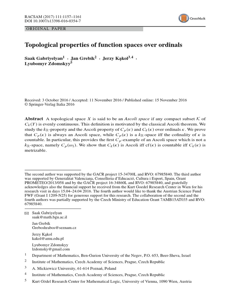 Topological Properties of Function Spaces Over Ordinals - Saak ...