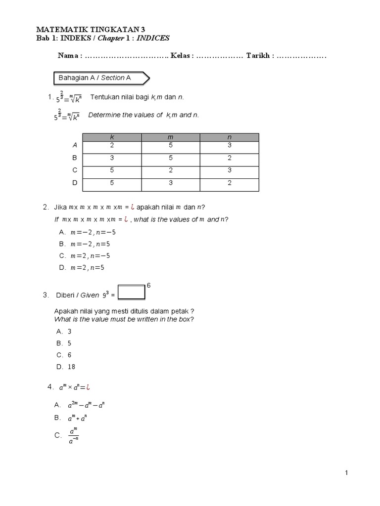 Indeks Matematik Tingkatan 3 Bab 1 | PDF