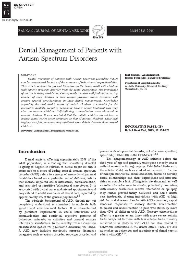 Dental Management of Patients With Autism Spectrum | PDF | Autism ...