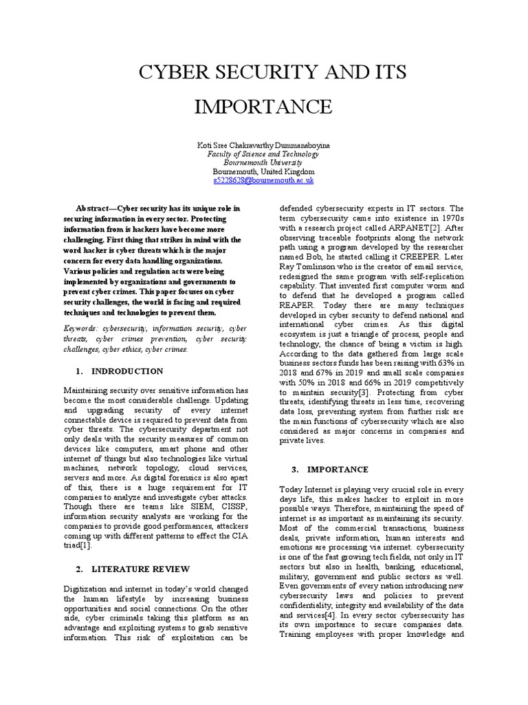 Cyber Security and Its Importance PDF Security Computer Security