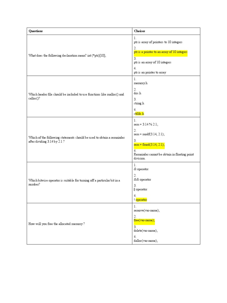 Questions Choices | PDF | Pointer (Computer Programming) | Algorithms ...