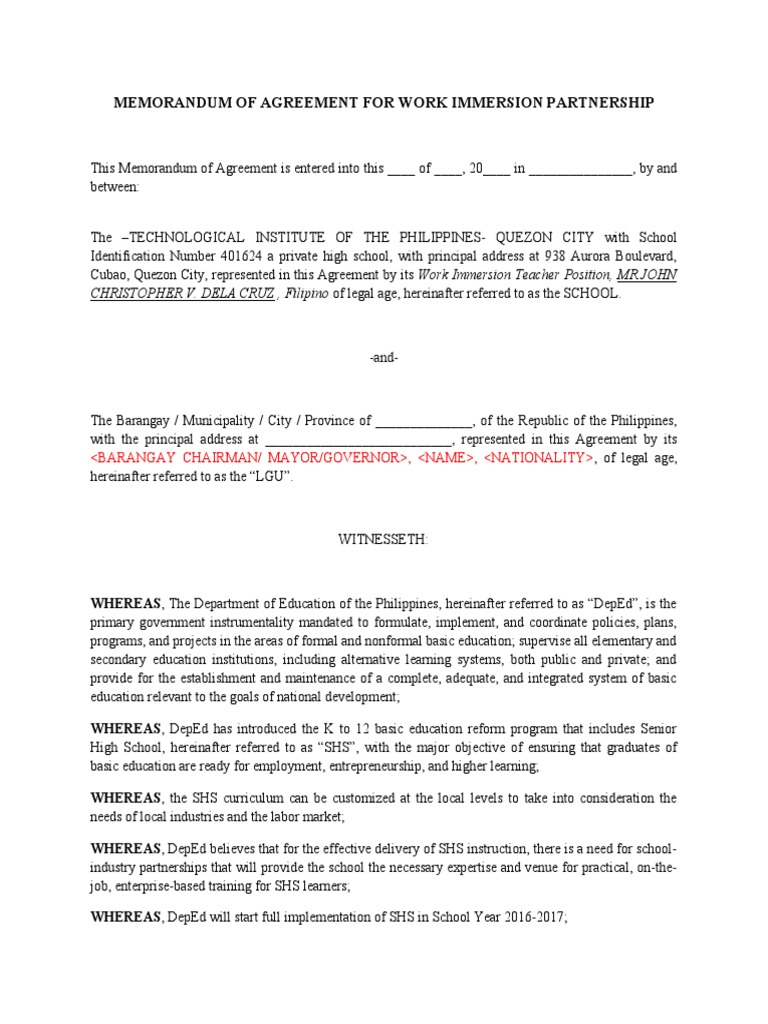 Memorandum of Agreement For Work Immersion Partnership | PDF ...