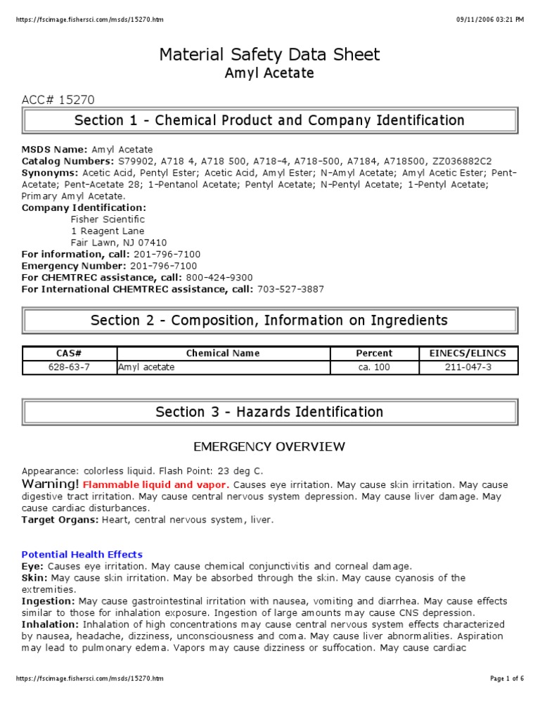 Amyl Acetate MSDS PDF Dangerous Goods Water