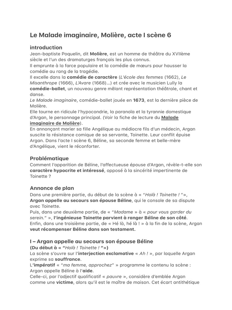 Lecture Lineaire Le Malade Imaginaire Acte 1 Scene 5 Pdf Le Malade Imaginaire, Molière, Acte I Scène 6 | PDF | Molière