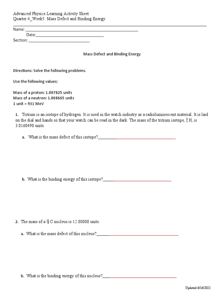 Mass Defect and Binding Energy Worksheet | PDF | Science & Mathematics