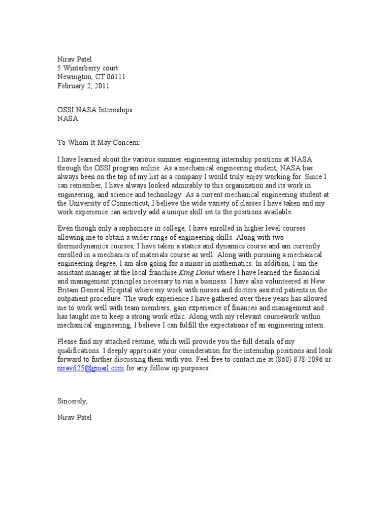 NASA Internship Application Letter | PDF