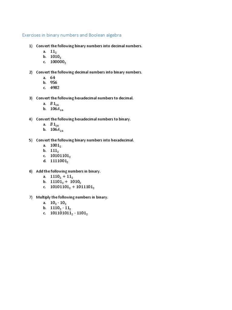 Exercises - Binary Numbers and Boolean Algebra | PDF