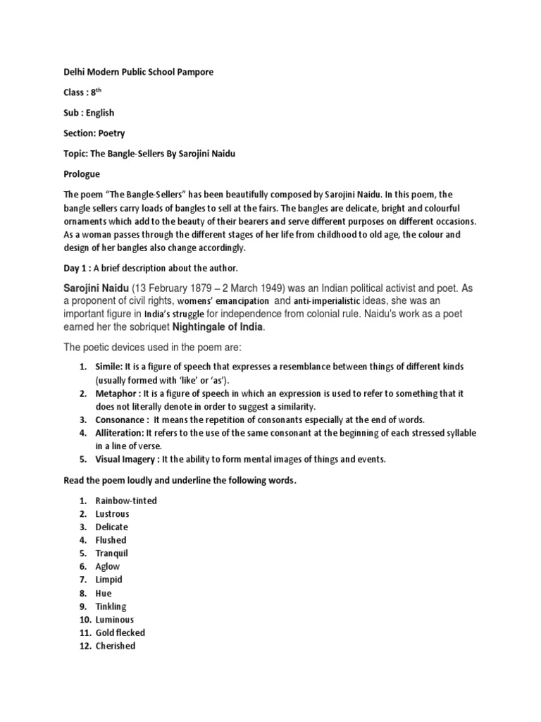 The Bangle Sellers An Analysis of Sarojini Naidu's Famous Poem PDF Poetry