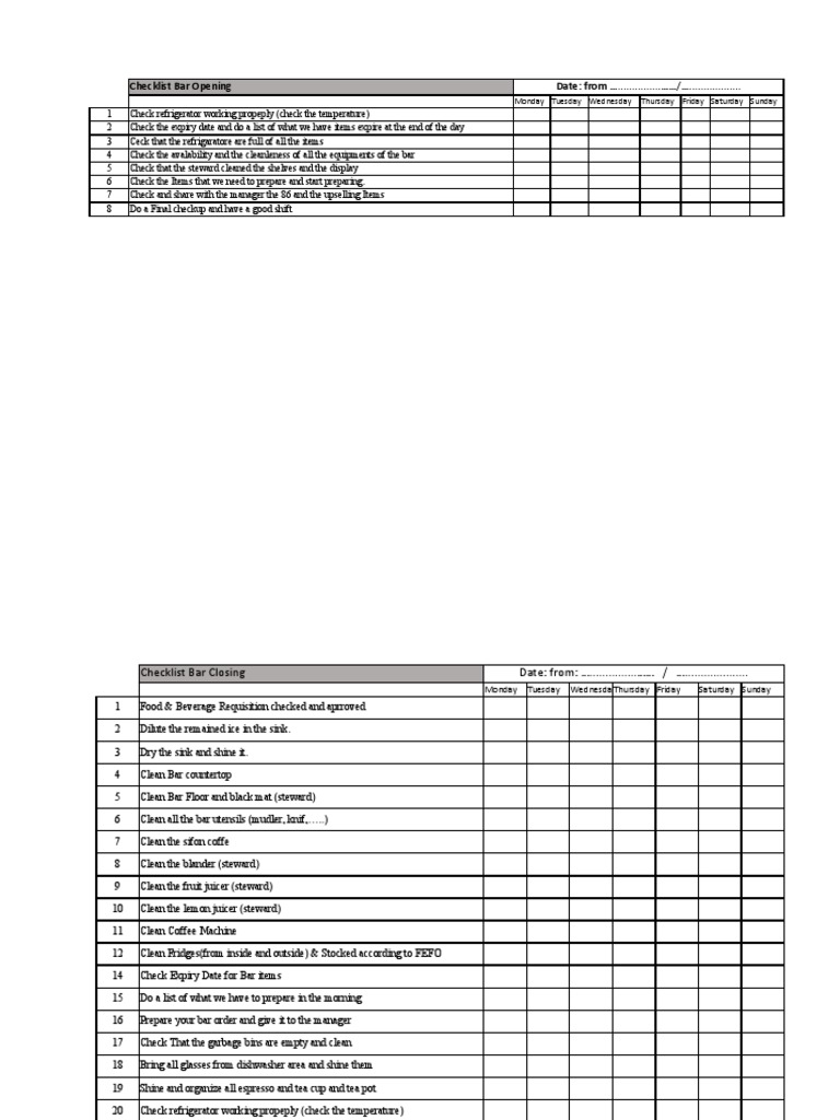 Checklist Bar Opening Date: From ...