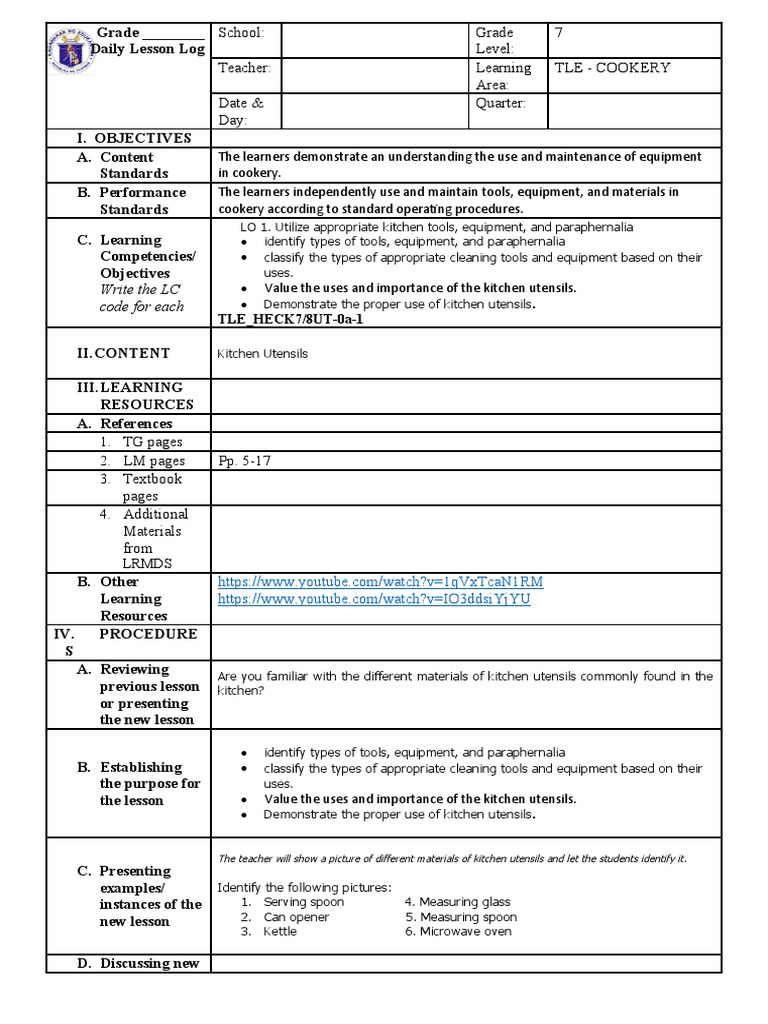 Grade 7 TLE Cookery Lesson Plan | PDF | Applied Psychology | Learning