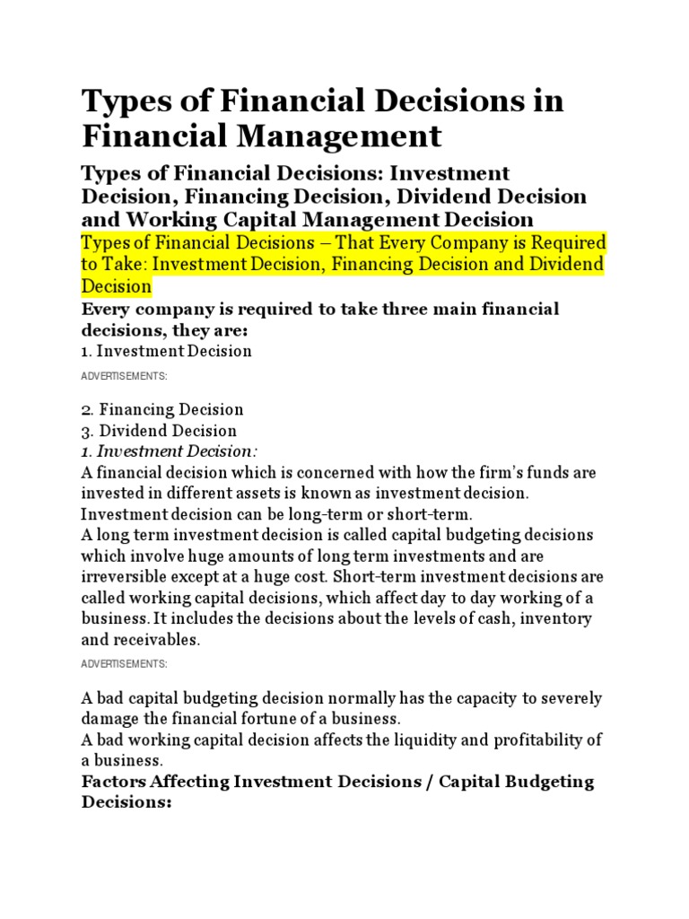 Types of Financial Management Decisions | PDF | Dividend | Investing