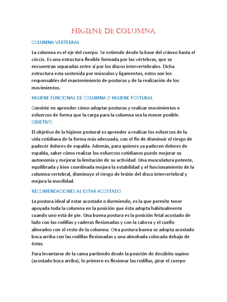 Higiene Postural de la Columna Vertebral | PDF | La columna vertebral ...
