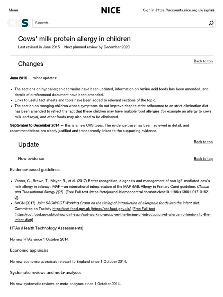 Cows' Milk Protein Allergy in Children NICE CKS PDF Allergy