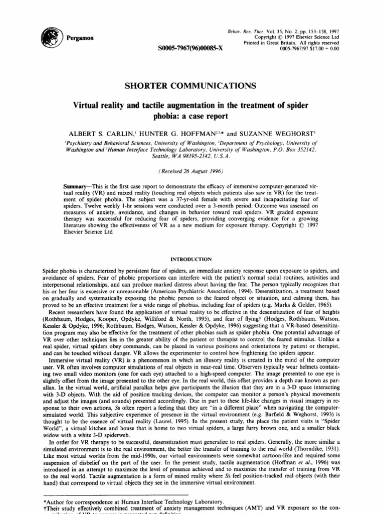 Virtual Reality Article PDF Virtual Reality Phobia
