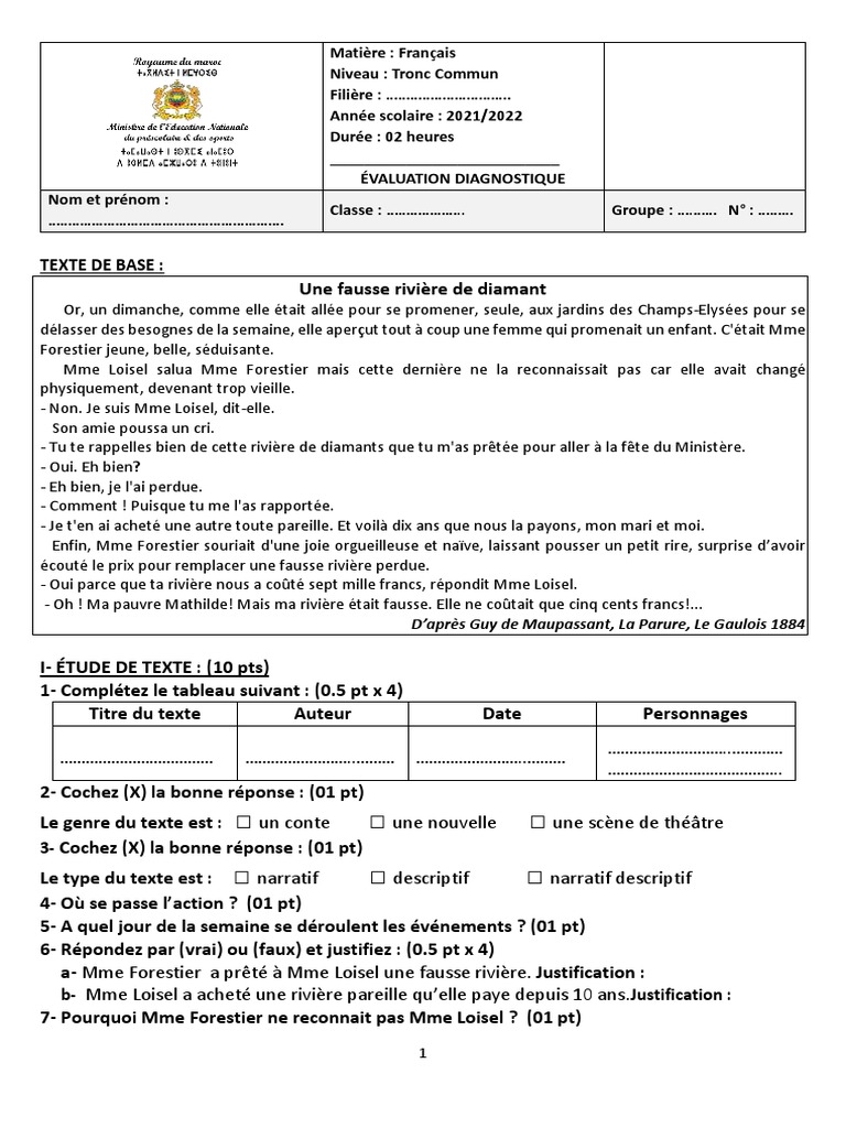 Contrôle Sur La Parure Avec Corrigé Évaluation Diagnostique Tronc Commun 2021-2022 | PDF