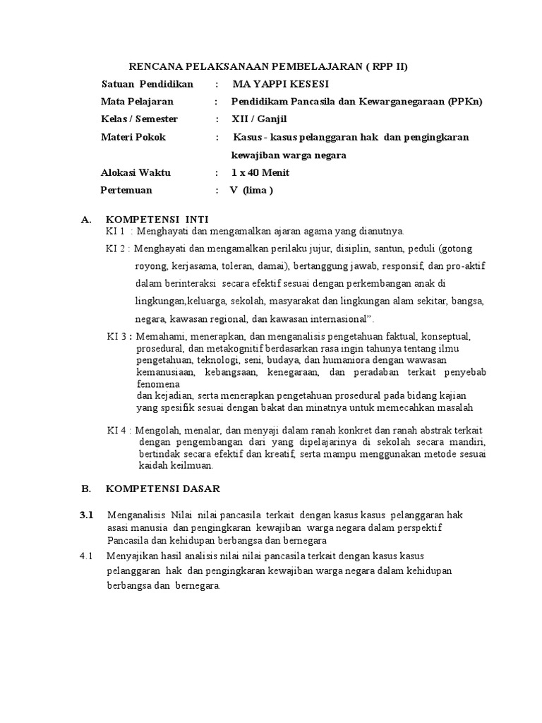 RPP PPKn: Pelanggaran Hak Warga Negara | PDF | Karier & Perkembangan ...