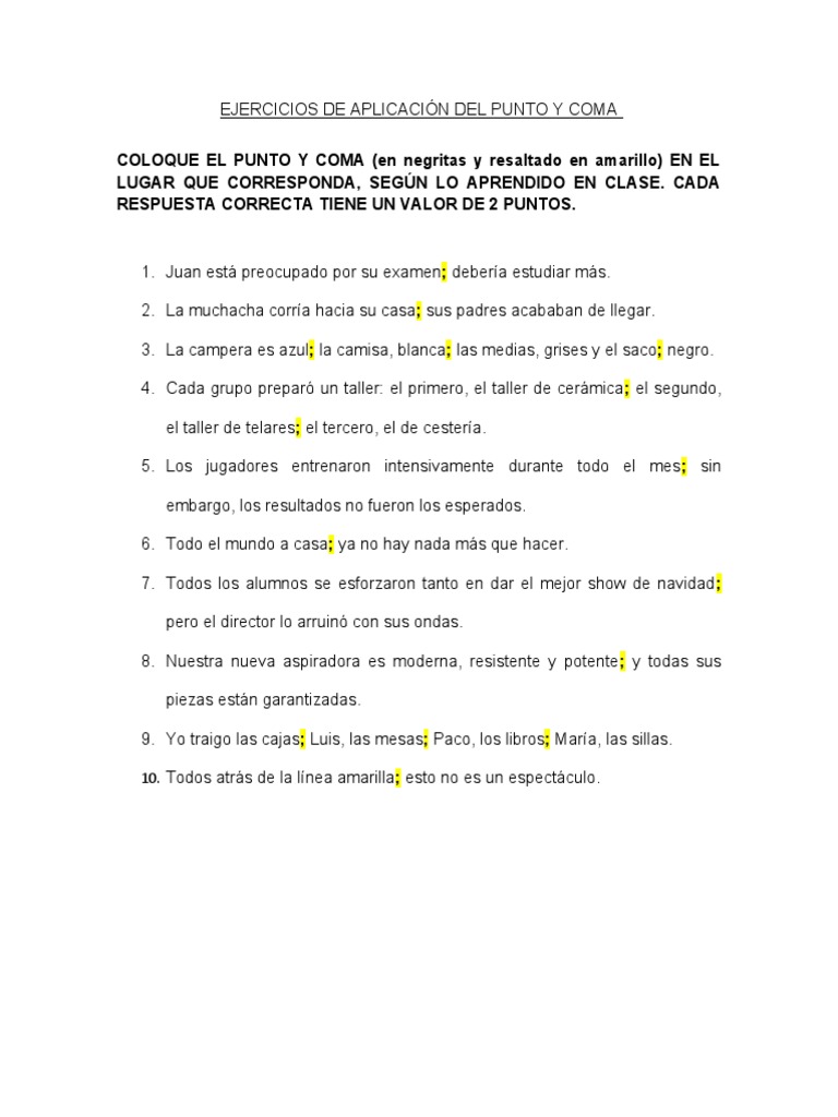 Hojas De Trabajo Para Practicar El Punto Y Coma Y Los Dos Puntos