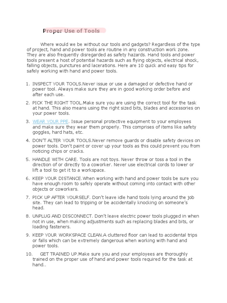 Ten Tips for Safely Using Hand and Power Tools PDF Tools Personal